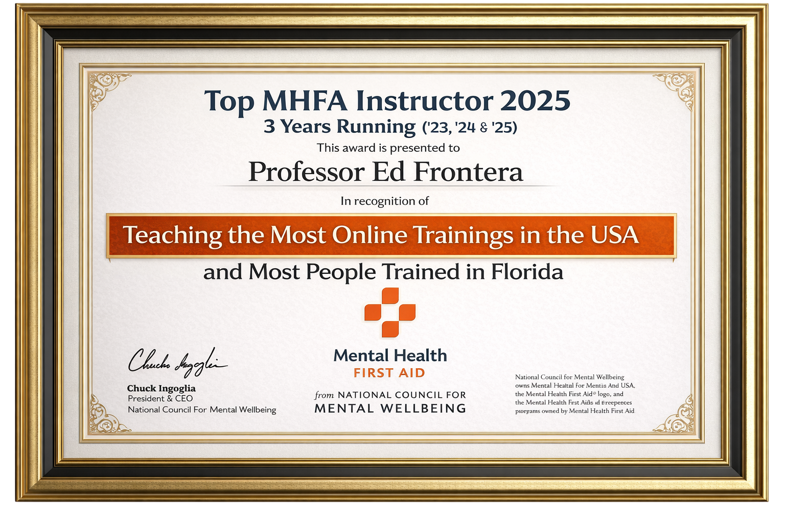 Top MHFA Instructor 2025 — 3 Years Running — Professor Ed Frontera